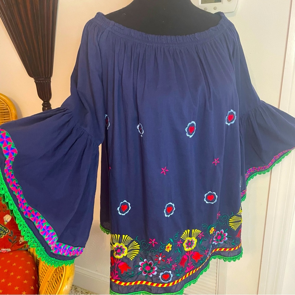 Embroidered Off-Shoulder Peasant Blouse - Navy